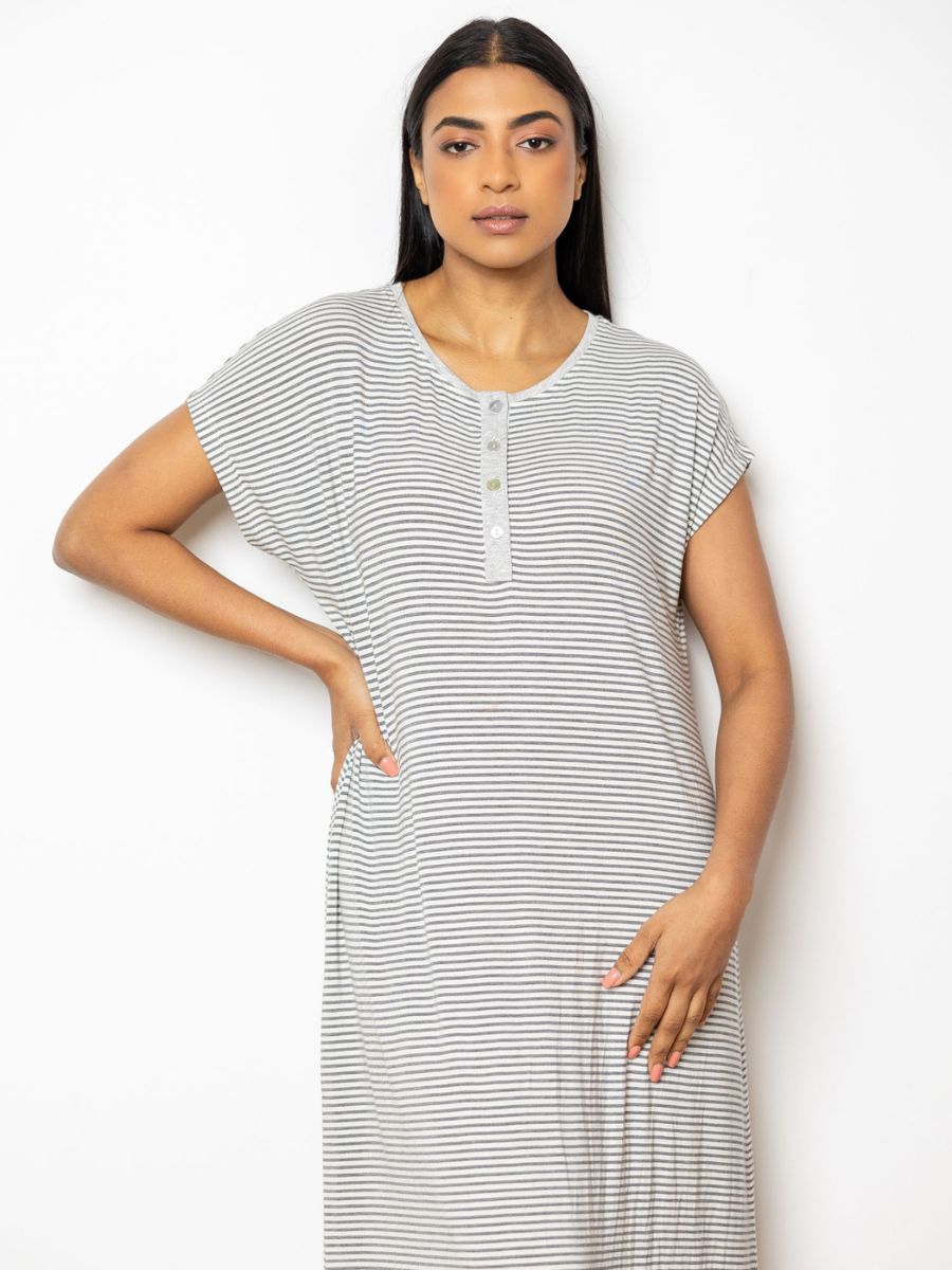 Michelle - Cap Sleeve Mid Length Sleep Shirt in Gray & White Stripe