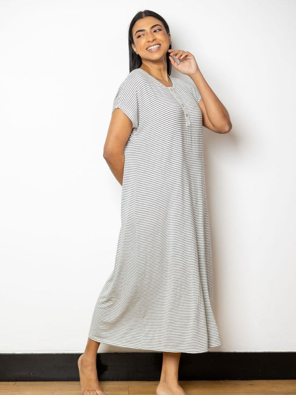 Michelle - Cap Sleeve Mid Length Sleep Shirt in Gray & White Stripe