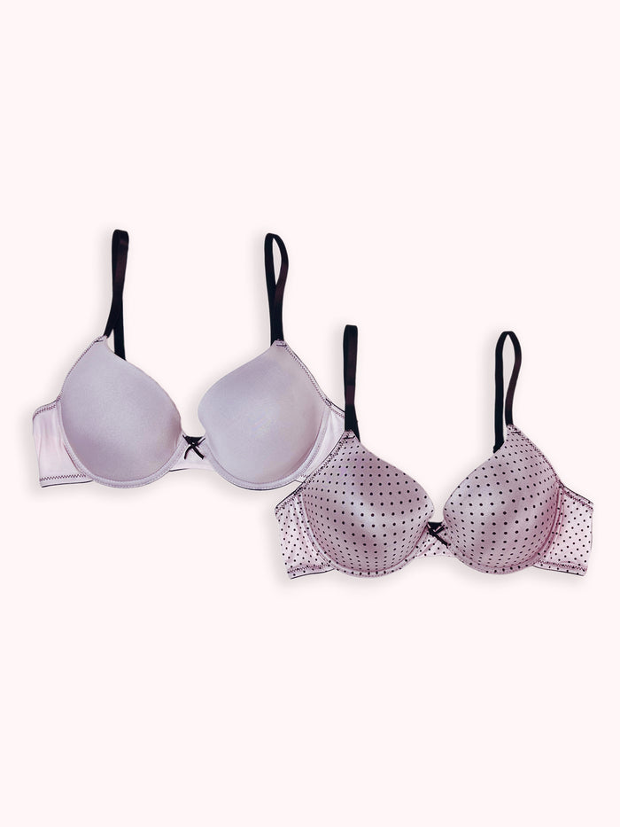Monica - Wired & Padded Plunge Bra - 2PK in Pink Polka & Pale Pink