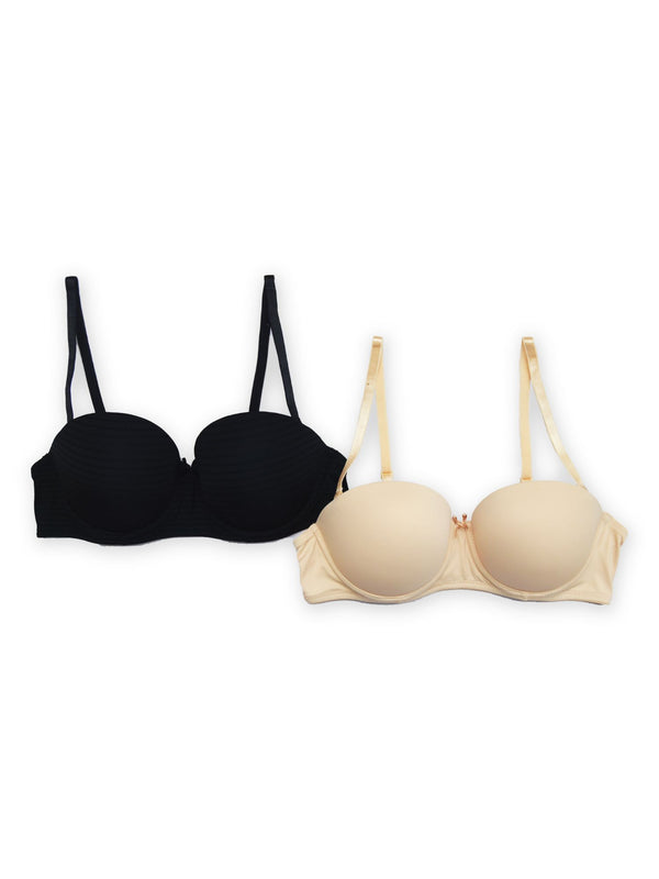 Evelyn - Balcony Multiway Push up Padded Wired Bra - 2 Pack in Black & Nude