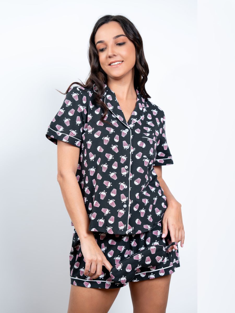 Evie - S/S Classic SPJ Set in Pop Corn Multi with Eye Mask 3