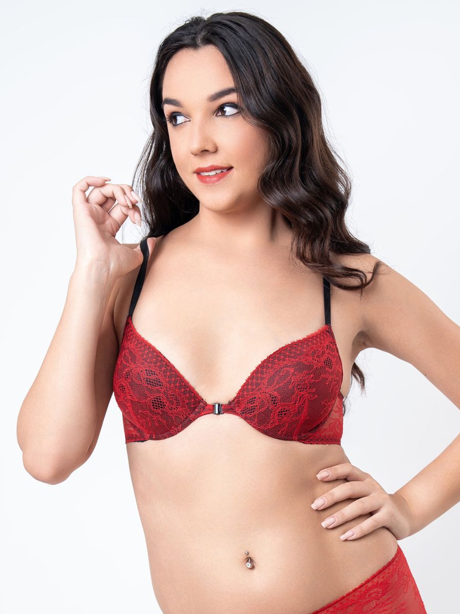 Meghan Racer Back Plunge Bra with Front Closure All Lace in Red 4