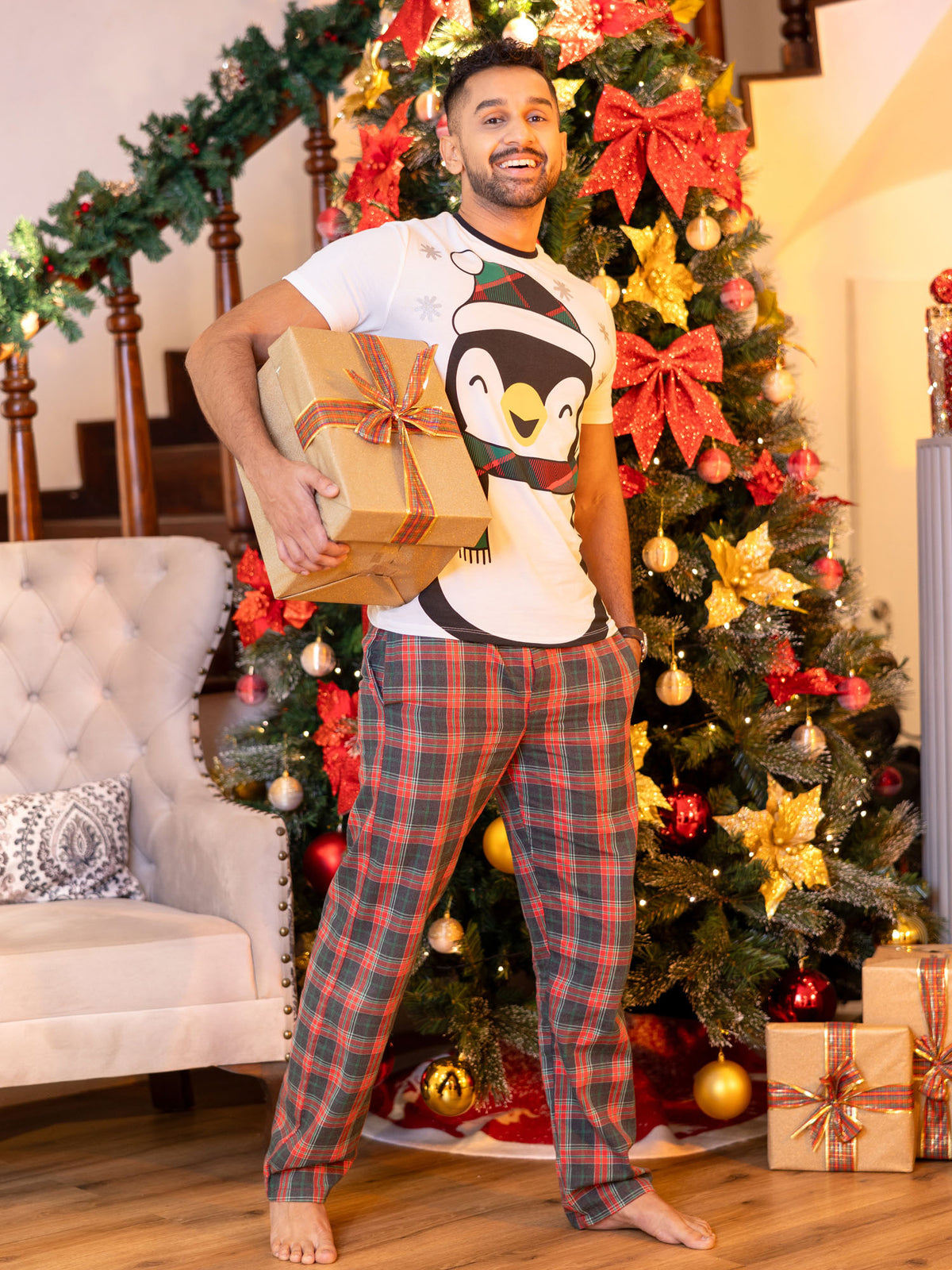 Naoh - Short Sleeve Graphic Tee & Long PJ with Eye Mask in White and Xmas Plaid - Mens