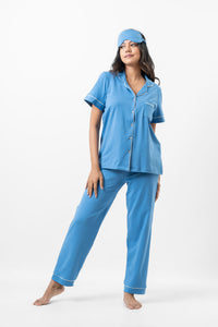 Lyla - Short Sleeve Classic LPJ Set with Eye Mask in Rivera Blue