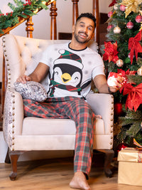 Naoh - Short Sleeve Graphic Tee & Long PJ with Eye Mask in White and Xmas Plaid - Mens