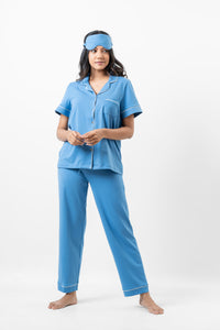 Lyla - Short Sleeve Classic LPJ Set with Eye Mask in Rivera Blue