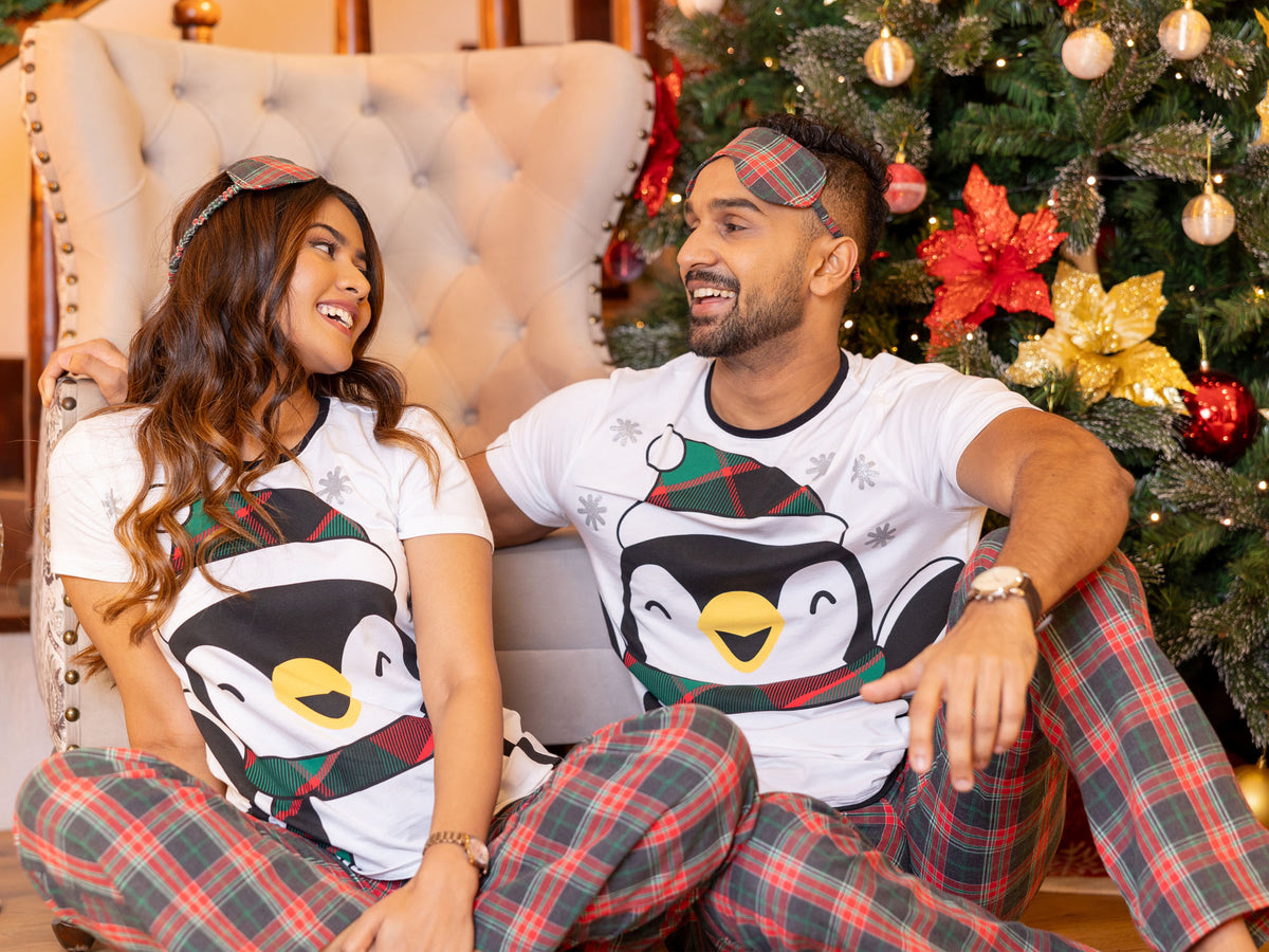 Maria - Short Sleeve Graphic Tee & Long  PJ with Eye Mask in White & Xmas Plaid - Women