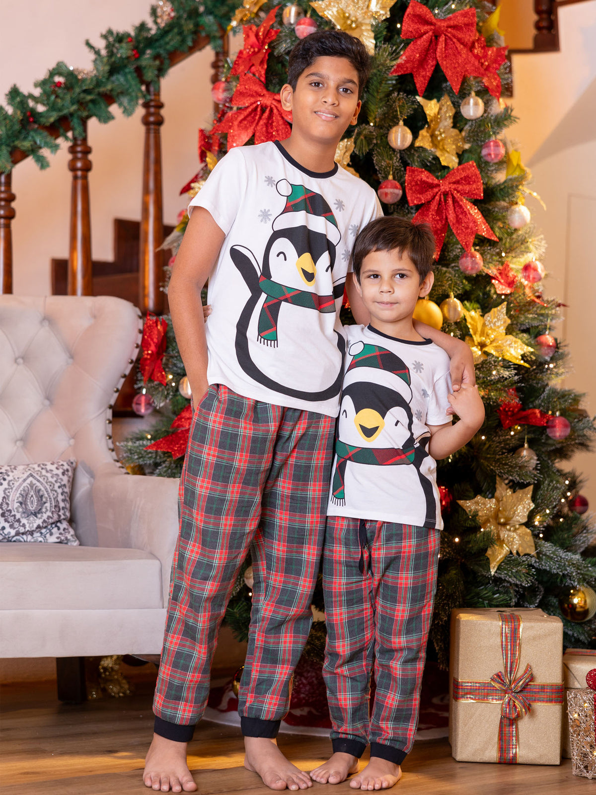 Alex - Short Sleeve Graphic Tee & Long PJ in White & Xmas Plaid - Boys