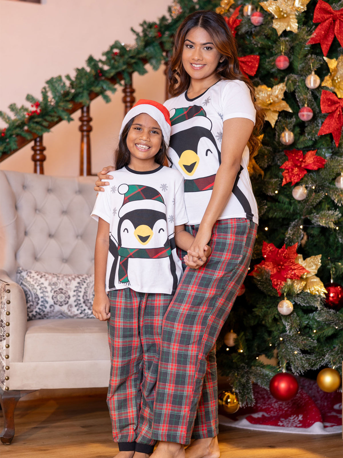 Maria - Short Sleeve Graphic Tee & Long  PJ with Eye Mask in White & Xmas Plaid - Women