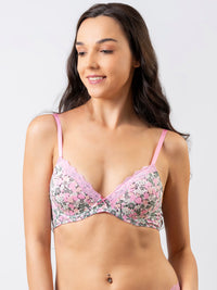 Julia - T Shirt Plunge Bra Demi Cup Cotton in Pink Ditsy Floral