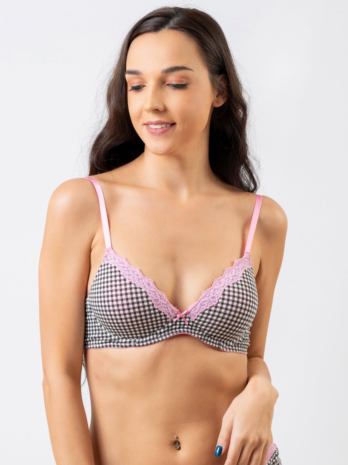 Julia - T Shirt Plunge Bra Demi Cup Cotton in Black Checks