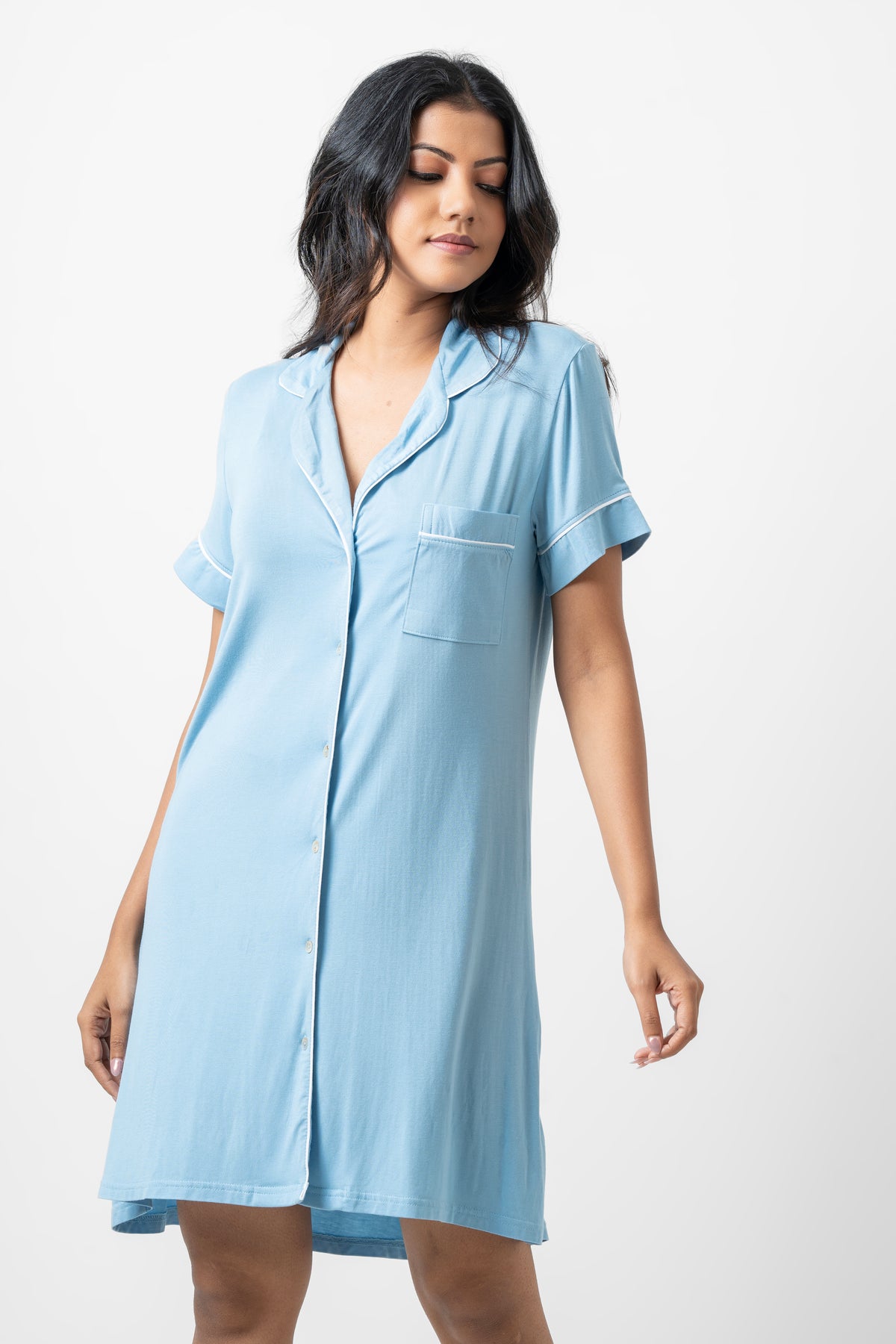 Ashanthi - Short Sleeve Classic Sleep Shirt in Blue Bell