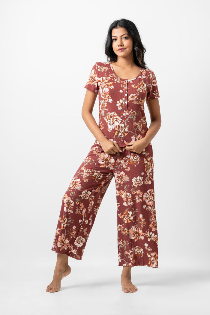 Jane - Short Sleeve Button Front Tee with Wide Leg Pant in Rust Floral