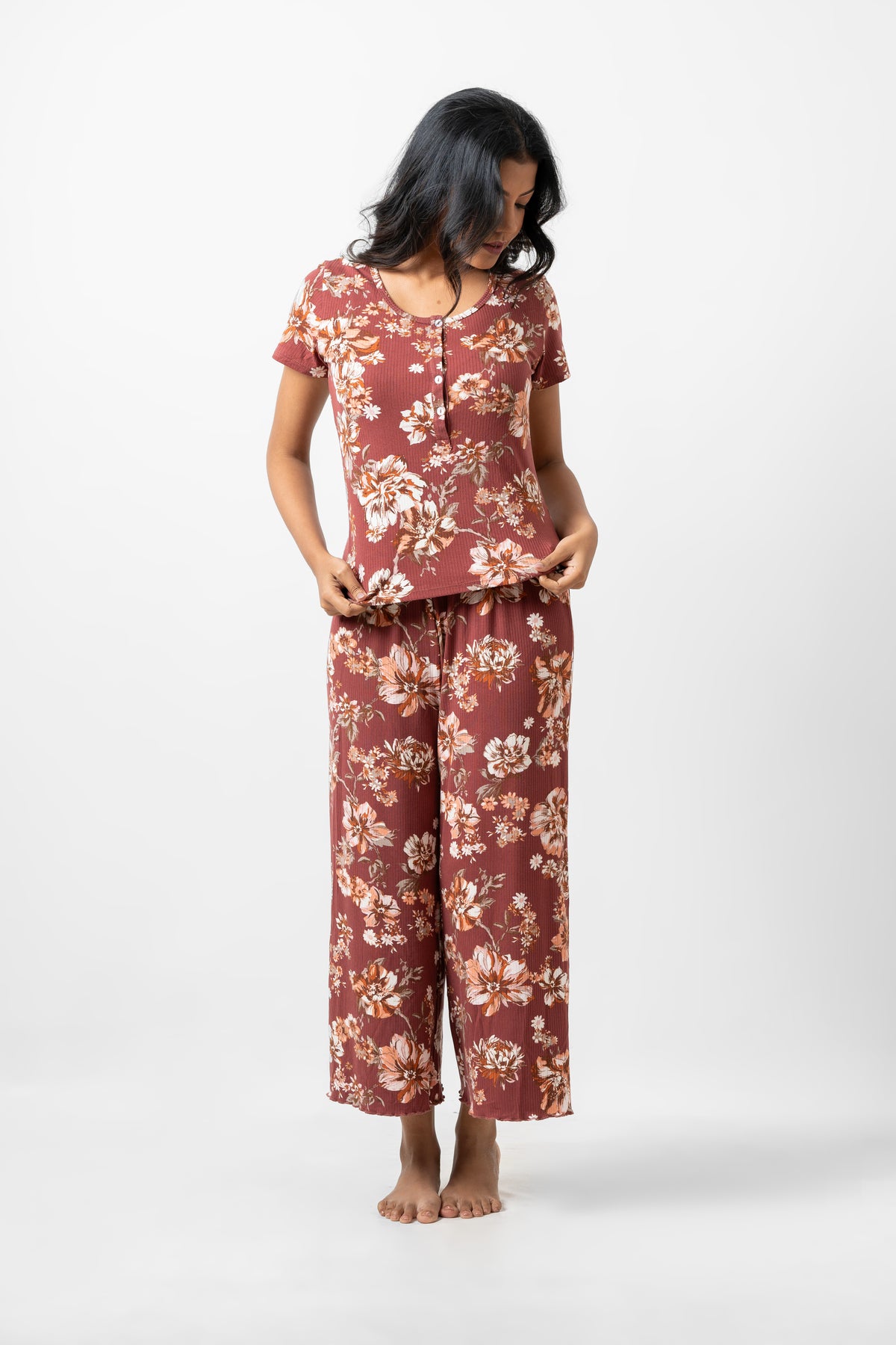 Jane - Short Sleeve Button Front Tee with Wide Leg Pant in Rust Floral