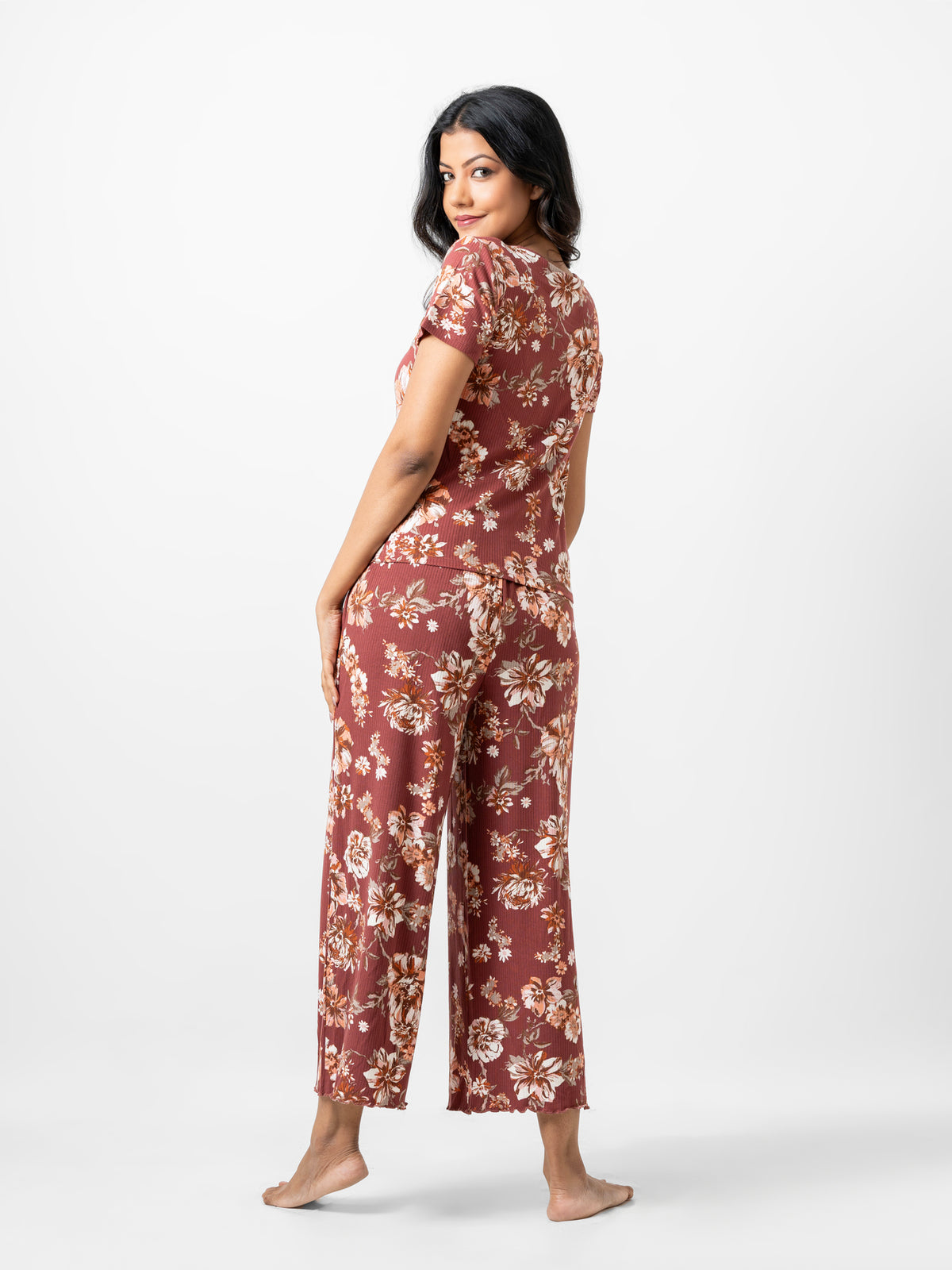 Jane - Short Sleeve Button Front Tee with Wide Leg Pant in Rust Floral