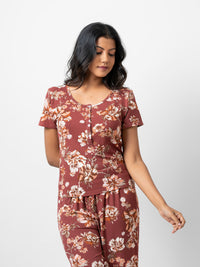 Jane - Short Sleeve Button Front Tee with Wide Leg Pant in Rust Floral