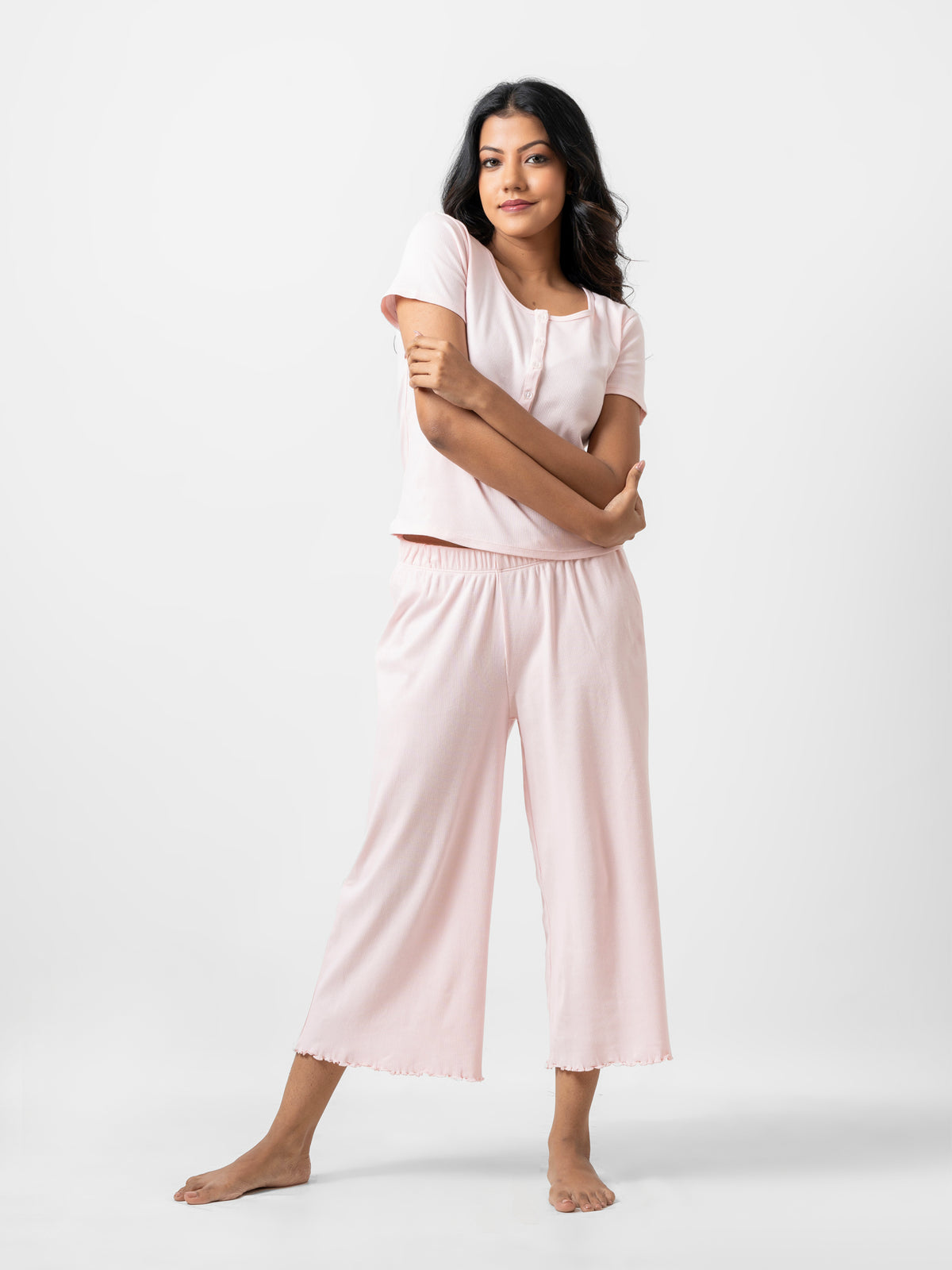 Jane - Short Sleeve Button Front Tee with Wide Leg Pant in Angel Pink