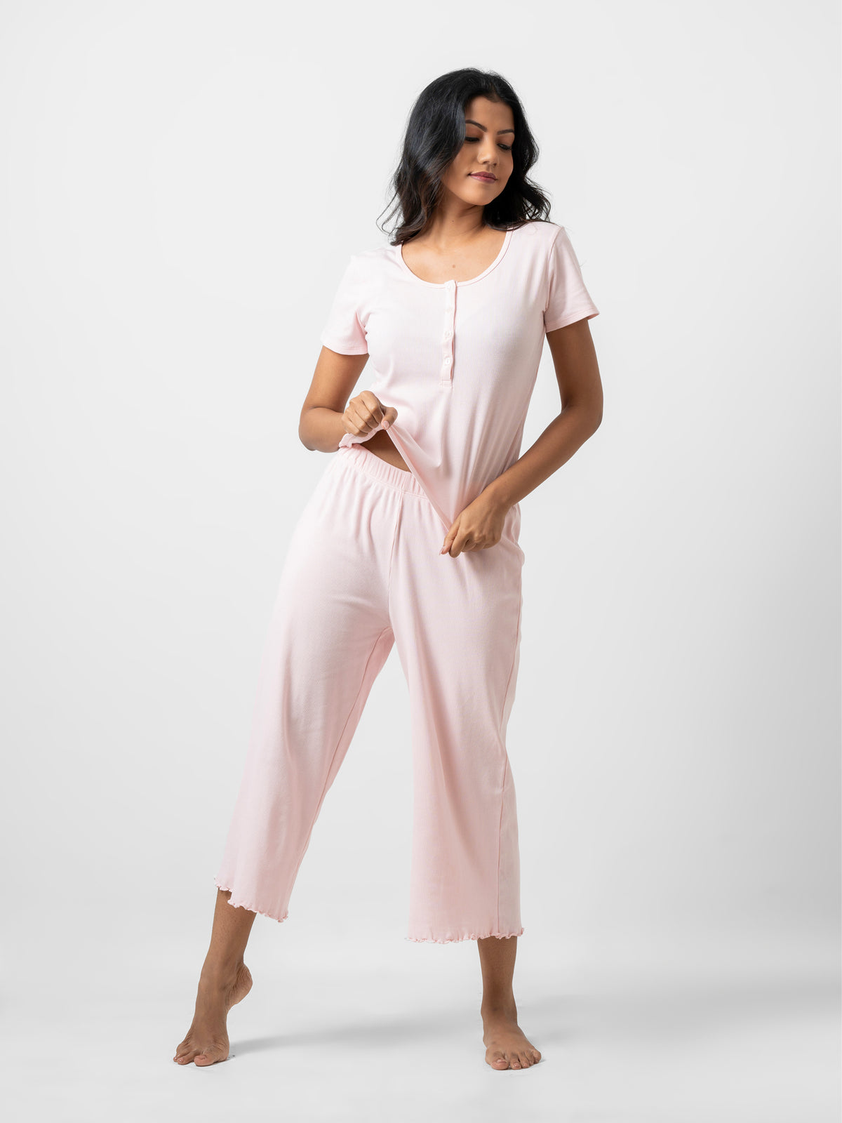 Jane - Short Sleeve Button Front Tee with Wide Leg Pant in Angel Pink