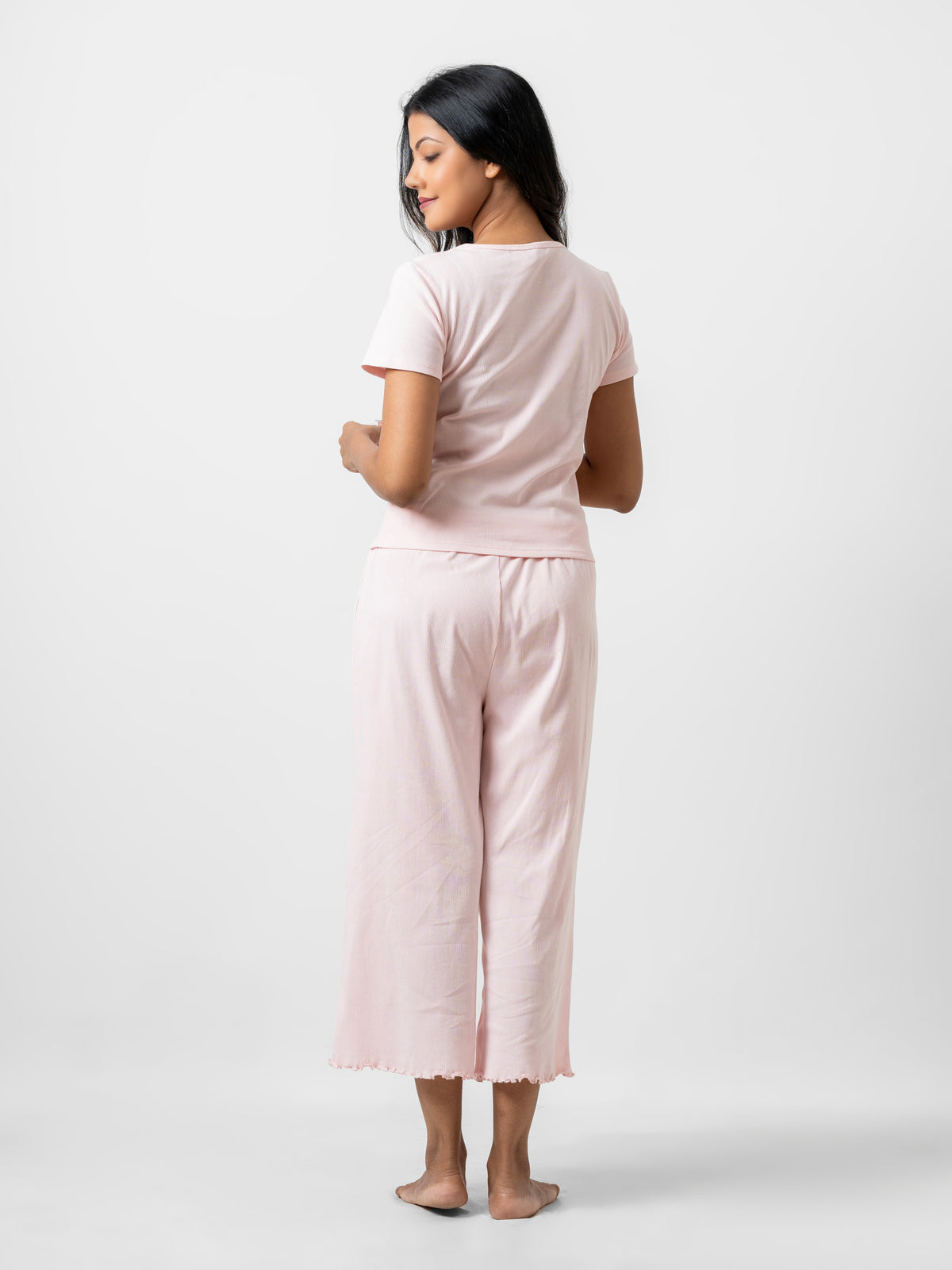 Jane - Short Sleeve Button Front Tee with Wide Leg Pant in Angel Pink