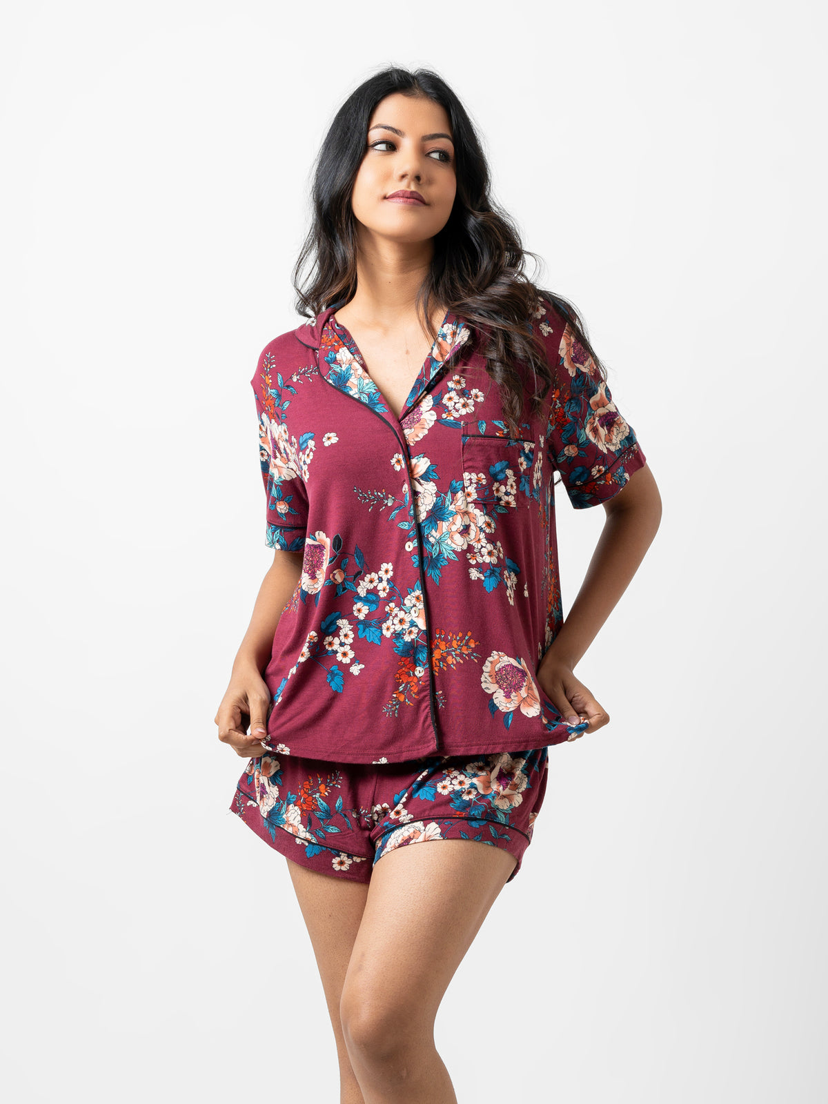 Evie - Short Sleeve Classic Short PJ Set in Maroon Floral