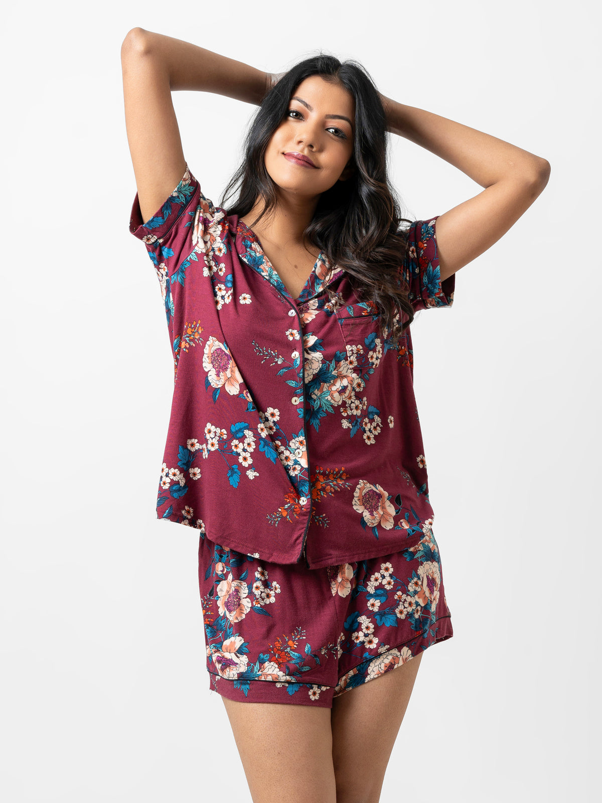 Evie - Short Sleeve Classic Short PJ Set in Maroon Floral-02