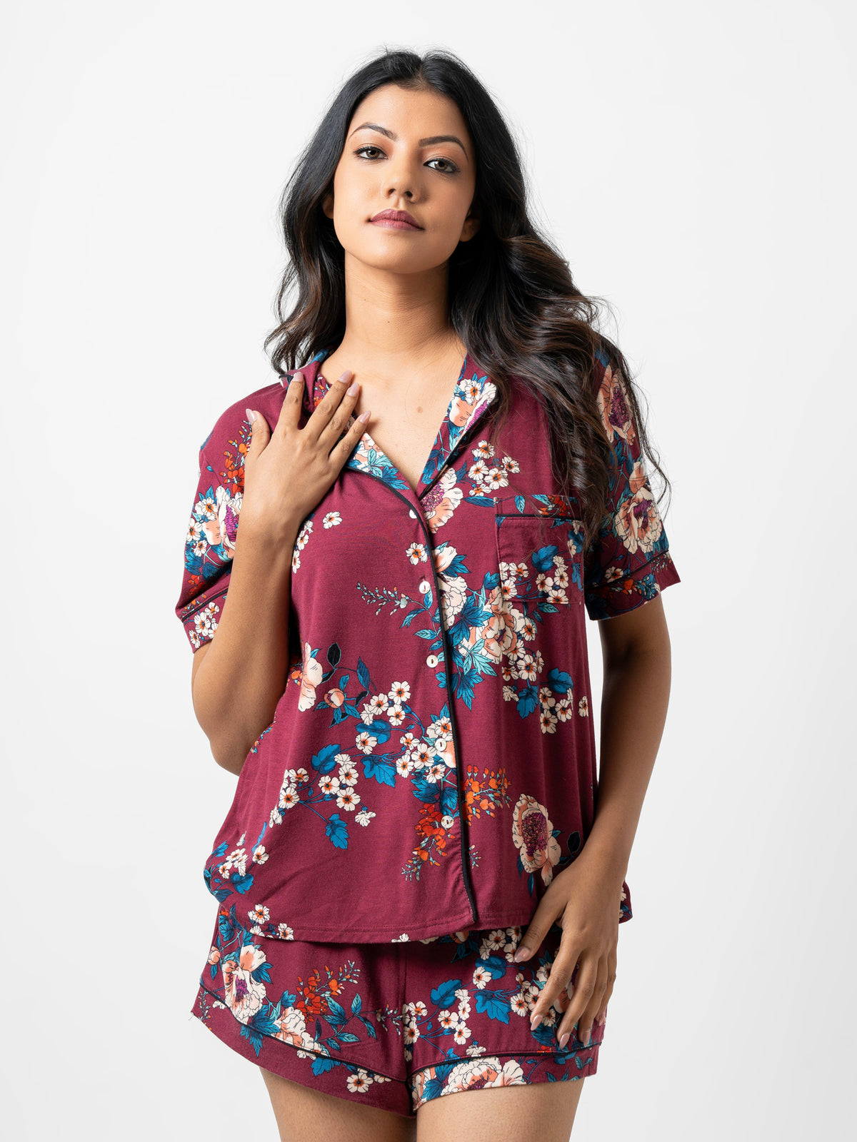 Evie - Short Sleeve Classic Short PJ Set in Maroon Floral-03