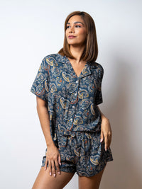 Valarie - Short Sleeve Classic SPJ Set in Indigo Paisley