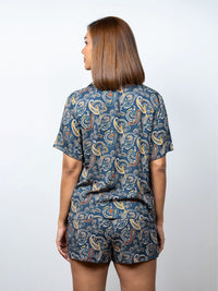 Valarie - Short Sleeve Classic SPJ Set in Indigo Paisley