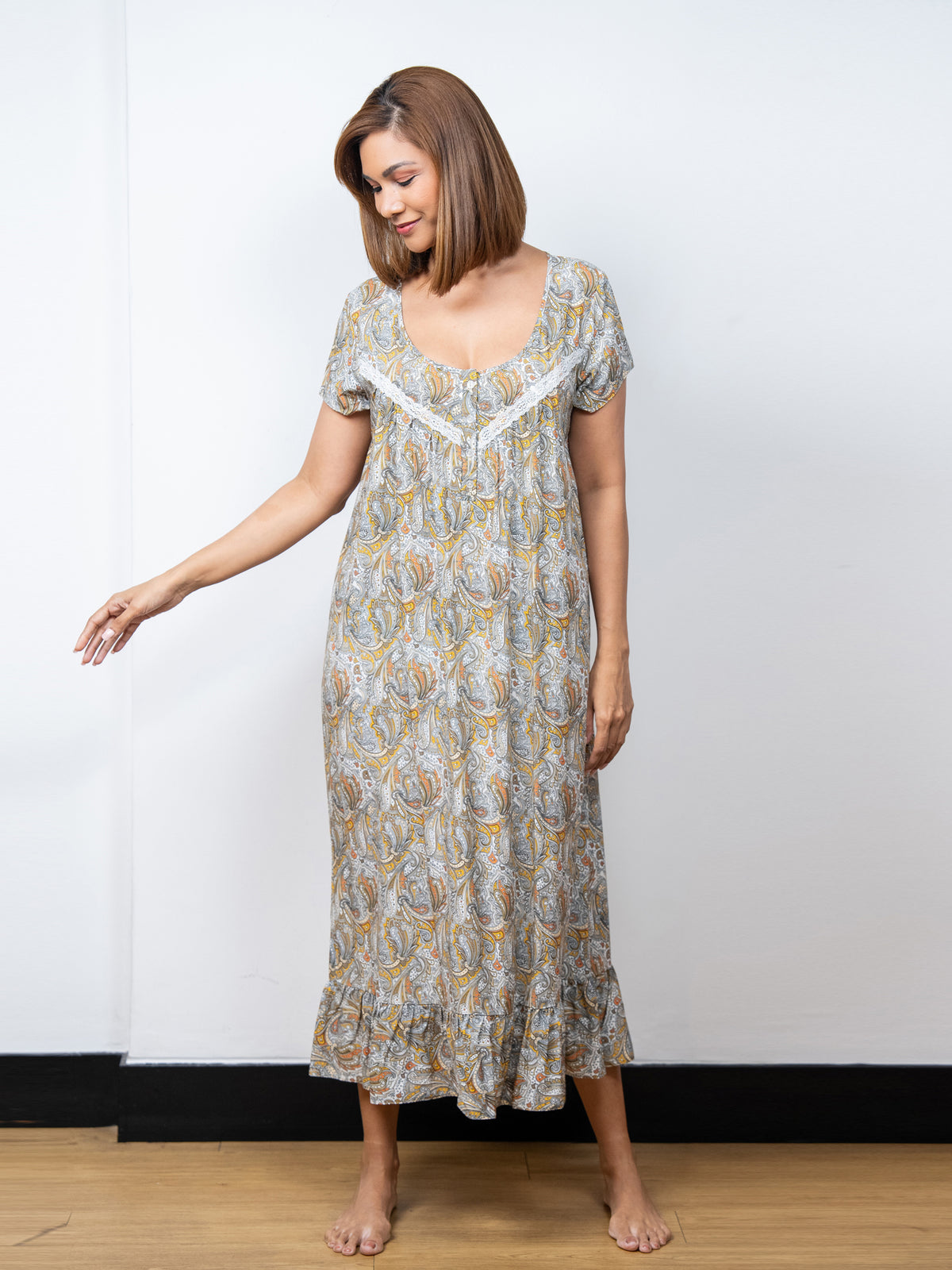 Dhalia - Short Sleeve Long Night Gown in Golden Glow Paisley-03