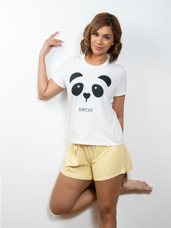 Alena - Graphic Crop Tee & Short in White & Yellow Check