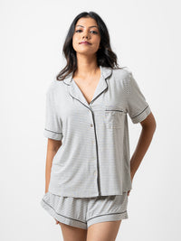 Evie - Short Sleeve Classic Short PJ Set in Grey & White Stripe-02