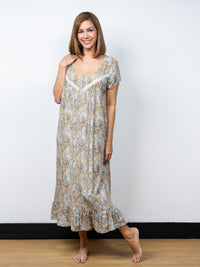 Dhalia - Short Sleeve Long Night Gown in Golden Glow Paisley