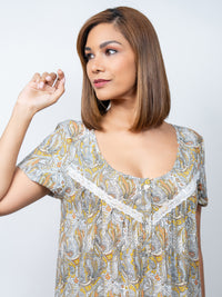 Dhalia - Short Sleeve Long Night Gown in Golden Glow Paisley-02