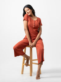 Jane - Short Sleeve Button Front Tee with Wide Leg Pant in Barn Red