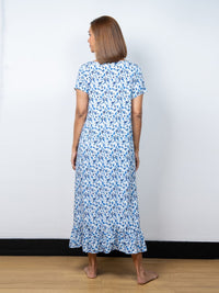 Dhalia - Short Sleeve Long Night Gown in Blue Bell Garden