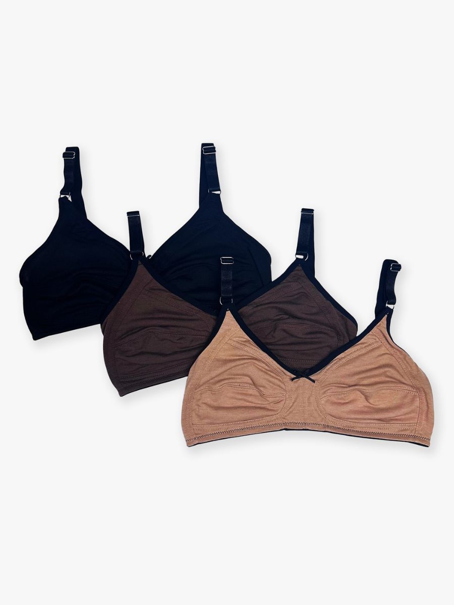 Chithra- Non Padded & Non Wired Control Bra - 3PK in Black, Fenugreek & Toffee