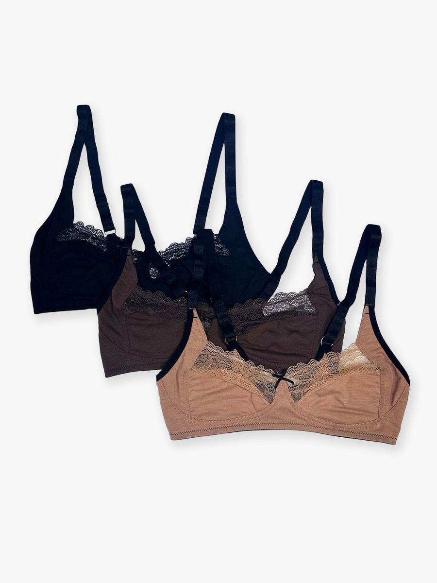 Diya –  Non Padded & Non Wired Lace Trimmed Bra - 3PK in Black, Fenugreek & Toffee