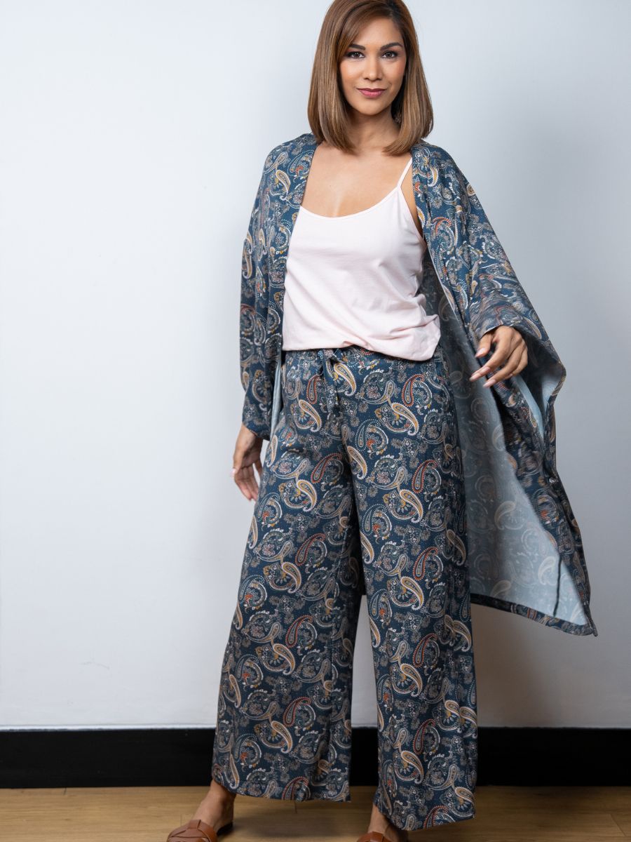 Dana - 3 Pc Cami with Long Pant & Kaftan Set in Indigo & Rose