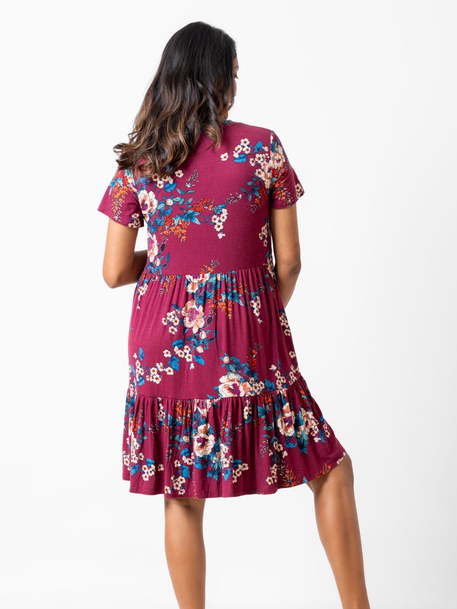 Susanna - Short Sleeve Tiered Maternity Sleep Shirt in Maroon Floral