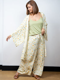 Dana - 3 Pc Cami with Long Pant & Kaftan Set in Ivory & Green