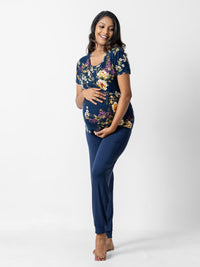 Sarah - Short Sleeve Tee & Over the Belly Pants in Navy Floral