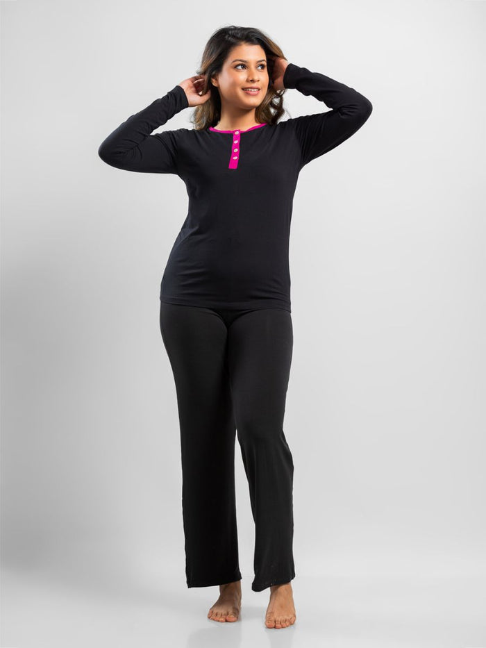 Andrea - Long Sleeve Button Front LPJ in Black