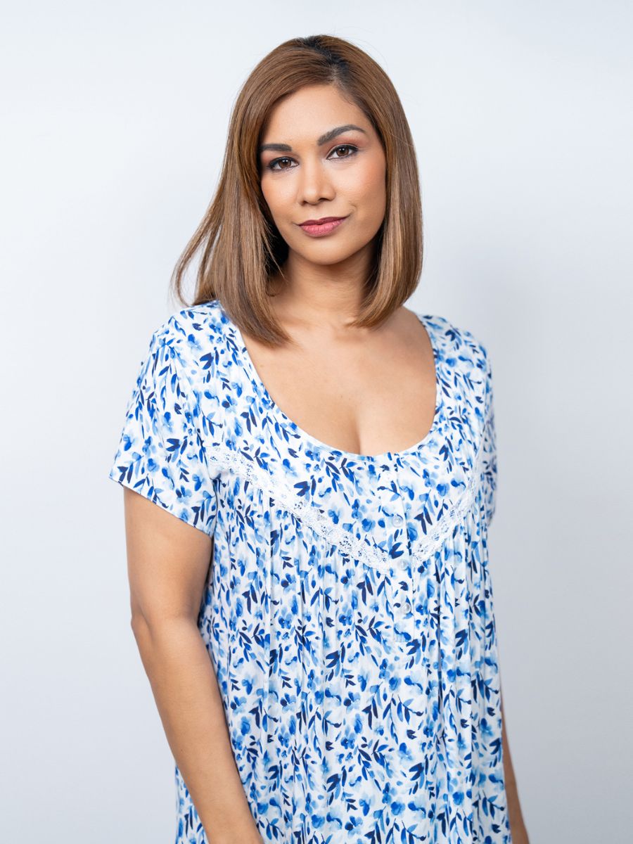 Dhalia - Short Sleeve Long Night Gown in Blue Bell Garden