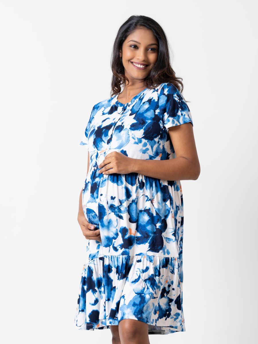 Susanna - Short Sleeve Tiered Maternity Sleep Shirt in Water Colour Floral