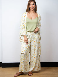 Dana - 3 Pc Cami with Long Pant & Kaftan Set in Ivory & Green