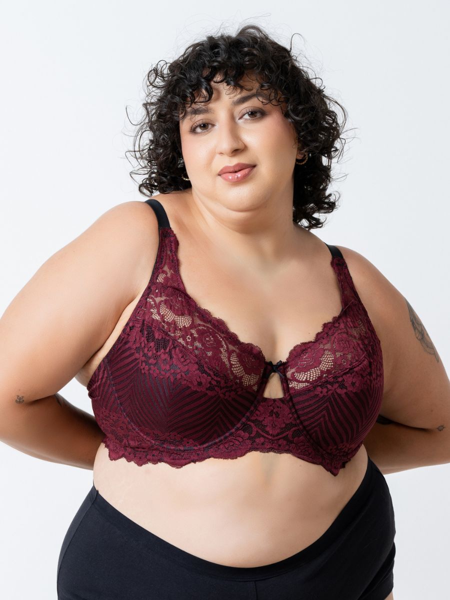 Charlotte - Wired Cut & Sew Lace Bra in Deep Wine - Ext Sizes