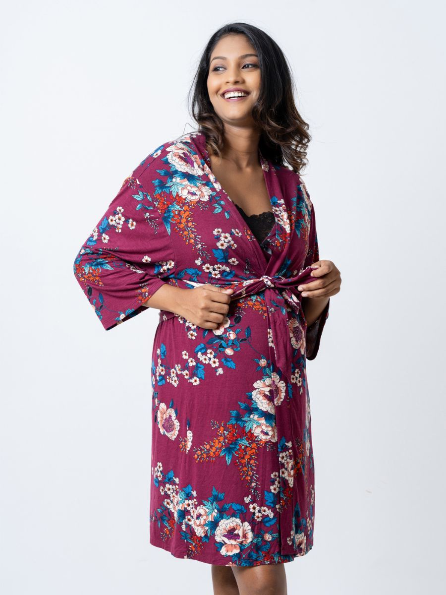 Anita - Nursing Chemise & Robe with Eye Mask Set in Maroon Floral