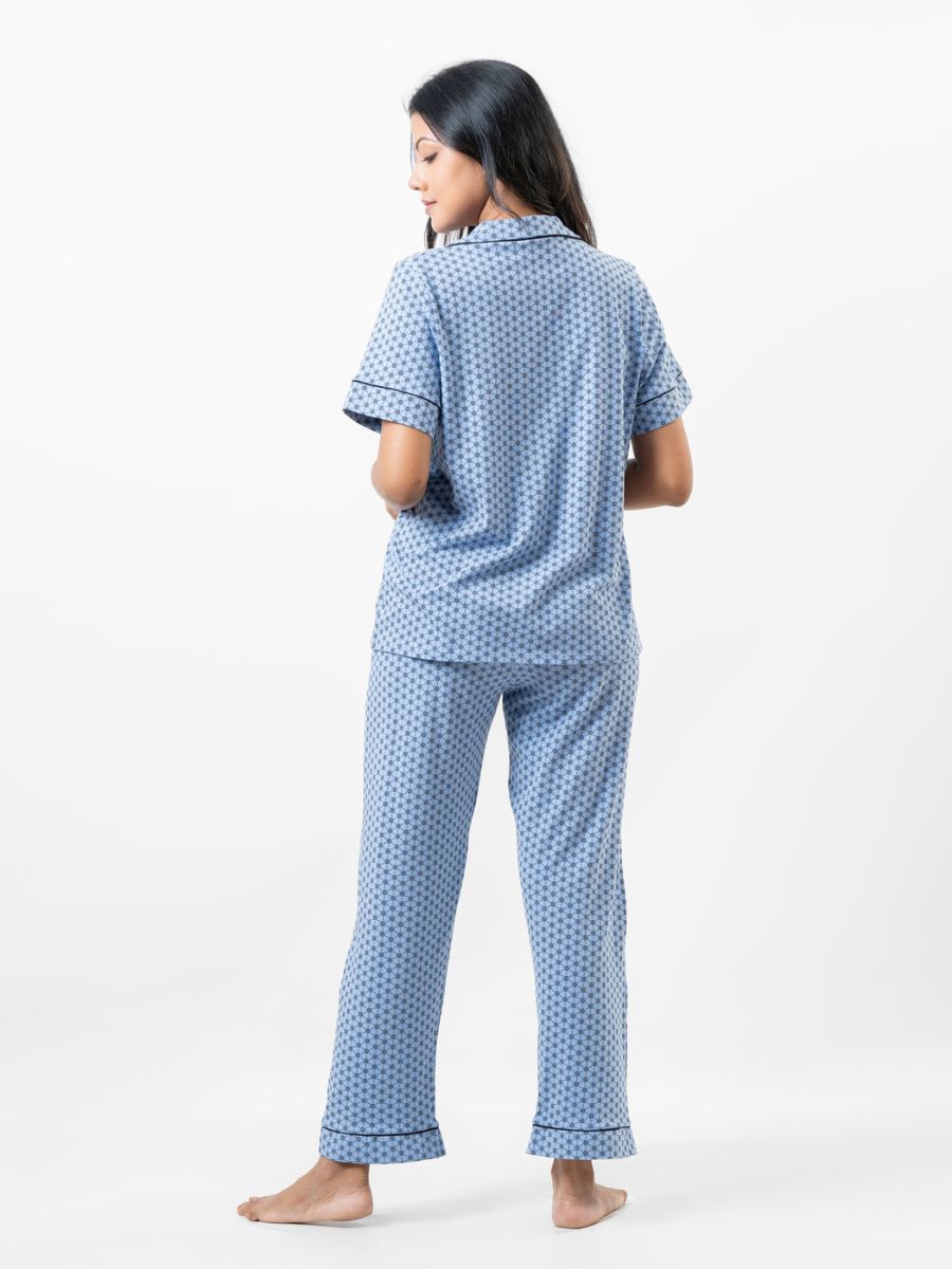 Lyla - Short Sleeve Classic LPJ Set with Eye Mask in Blue Geo