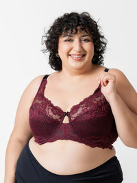 Charlotte - Wired Cut & Sew Lace Bra in Deep Wine - Ext Sizes