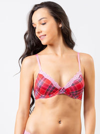 Julia - T Shirt Plunge Bra Demi Cup Cotton in Red Preppy Checks